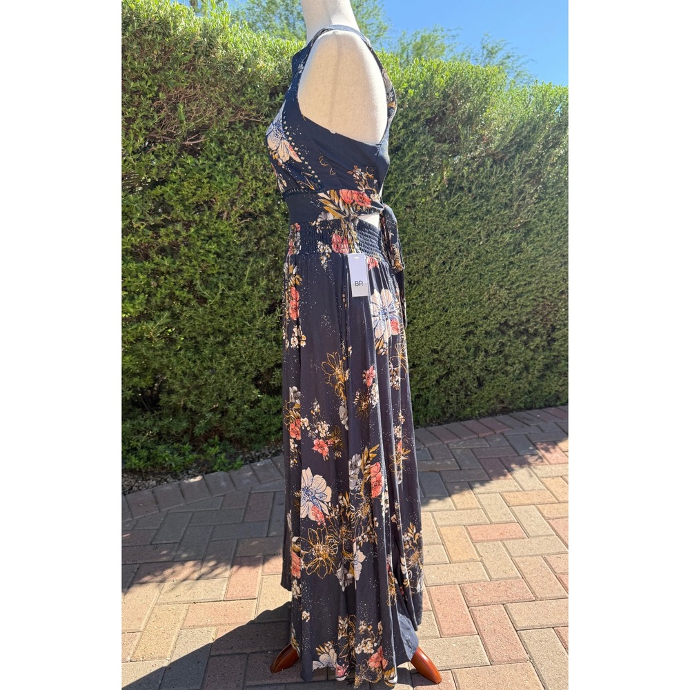 BP Nordstrom Floral Halter Maxi Dress Navy Blue Smocked Waist Open Back NWT - Picture 6 of 12